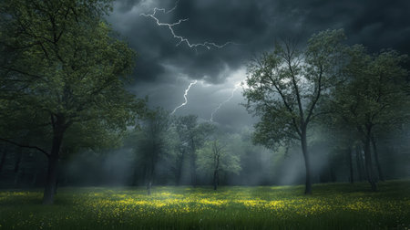 A spring forest is cloaked in darkness as a storm rapidly approaches, with flashes of lightning illuminating the underbrush and a foreboding atmosphere deepening.の素材
