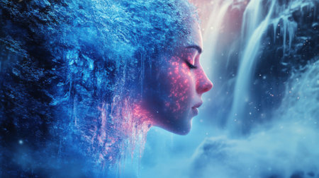 A glowing woman is portrayed with luminous features, her profile illuminated against a backdrop of vibrant cascading water, evoking feelings of wonder and serenity.の素材