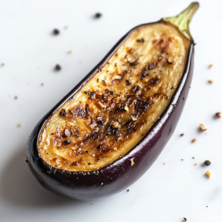 A single roasted eggplant wedge is displayed, highlighting its charred edges and golden interior, garnished with spices and setting a tempting culinary scene.の素材