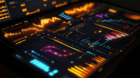 A sleek digital dashboard displays complex data visualizations with bright colors highlighting various metrics and trends. The interactive interface offers insights into analytics in real time.の素材