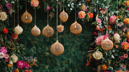 Beautifully crafted hanging ornaments made of natural materials are suspended against a backdrop of colorful flowers and greenery, creating a vibrant and inviting atmosphere.の素材