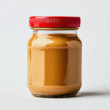 A jar filled with creamy peanut butter stands against a plain background.の素材