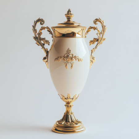 This ornate golden trophy stands elegantly in a well-lit setting, featuring intricate handles and a detailed design, representing a significant achievement in a prestigious ceremony.の素材