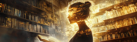 A glowing woman stands in a mystical library, absorbed in a book. Her silhouette emanates light, blending with the cosmic environment filled with shelves of books and ethereal elements.の素材
