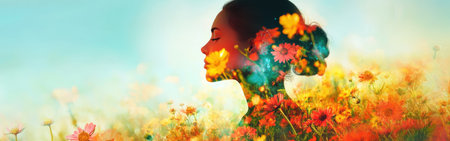 A woman's silhouette stands gracefully amidst a lush field of blooming flowers, illuminated by the warm hues of sunset. The scene captures serenity and beauty in nature.の素材