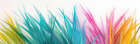 Brightly colored grass blades in shades of blue, pink, and yellow stand tall, swaying gently. The scene offers a lively experience, evoking feelings of joy and creativity in a calm setting.の素材