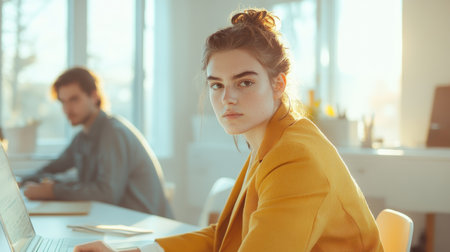 A young woman with braided hair tied in a bun concentrates at her workspace in a well-lit office. Sunlight filters through the windows, enhancing the focused atmosphere.の素材