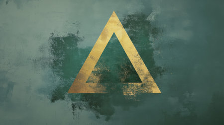 A textured background features a large triangle created through bold pencil work, emphasizing negative space. The design utilizes a rich green palette and a golden triangle, enhancing visual interest.の素材
