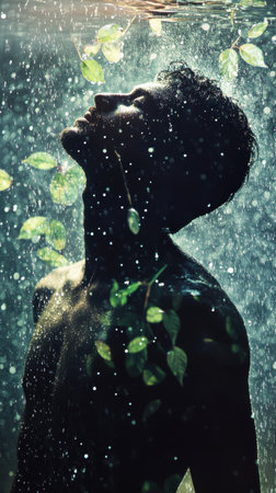 In a serene environment, a man stands with his head tilted back, glowing softly amidst cascading water droplets and green leaves, creating a mystical and tranquil moment.の素材