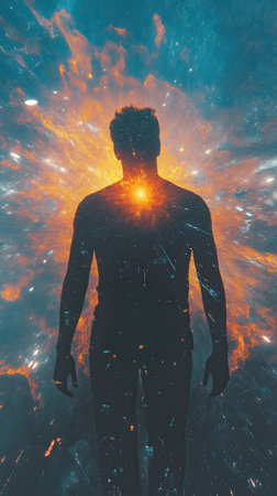 A man stands with a radiant light emanating from his chest, surrounded by vibrant colors and swirling cosmic patterns, evoking a sense of inner strength and connection to the universe.の素材