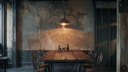 This cozy dining area showcases a long reclaimed wood table surrounded by chairs. Rustic light fixtures enhance the atmosphere, perfect for gatherings or intimate meals.の素材