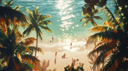 Sunlight reflects off the calm waters of a tropical beach, where people enjoy leisure activities. Lush palm trees frame the soft sandy shore, enhancing the serene atmosphere.の素材