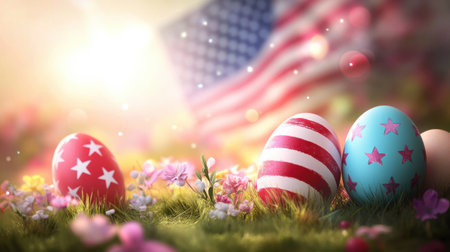 Vibrant Easter eggs in red, white, and blue lie among blooming flowers, set against a warm, glowing atmosphere with a flag in the background during a sunny spring day.の素材