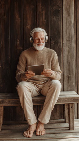 Elderly man with a white beard sits on a wooden bench, wearing headphones and smiling as he interacts with a tablet. The warm wooden background creates a serene atmosphere.の素材