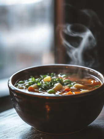 A steaming bowl of minestrone soup sits invitingly on a wooden table. The vibrant colors of vegetables and fresh herbs create an appetizing display, perfect for a chilly day.の素材