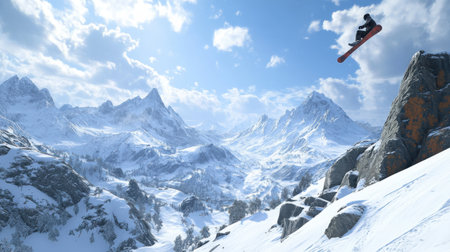 A snowboarder executes a stunning mid-air flip while soaring over a pristine snow-covered landscape. The sunlight reflects off the snow and highlights the majestic mountains in the background.の素材