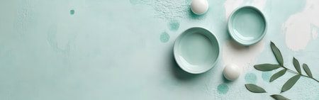 Soft pastel mint bowls are artistically arranged alongside smooth white stones and green leaves on a textured surface, creating a calming and serene atmosphere.の素材