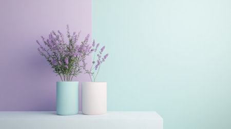 Two vases filled with lavender flowers are placed on a white table in a minimalist space featuring mint and lavender walls. The arrangement creates a serene ambiance.の素材