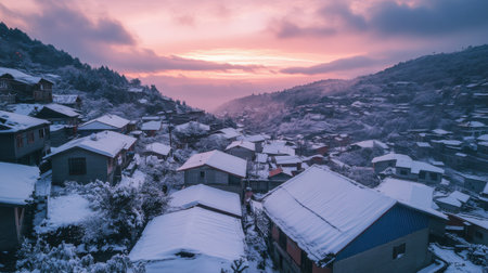 In a tranquil mountain village, snow coats the roofs and landscape as the sun sets, casting a warm glow over the peaceful homes and scenery, creating a picturesque winter atmosphere.の素材