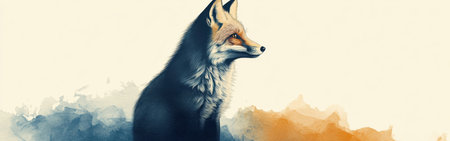 A minimalist silhouette captures a fox gazing back, embodying curiosity and grace against a backdrop of soft twilight colors, suggesting a tranquil moment in nature.の素材