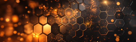 Geometric abstraction showcases a rich background of interlocking hexagons illuminated by glowing particles, creating an alluring visual texture with warm hues.の素材