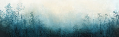 A stunning display of a forest's silhouette emerges against a soft twilight background. The detailed pencil work highlights trees fading into mist, creating a serene atmosphere.の素材