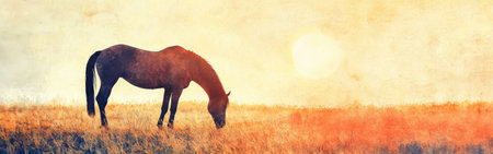 A horse grazes peacefully in a vast field as the sun sets in the background, casting warm tones across the watercolor-style landscape, creating a tranquil outdoor atmosphere.の素材