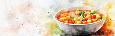 A bowl filled with steaming vegetable soup showcases a mix of diced tomatoes, carrots, and herbs set on a bright watercolor background, reflecting freshness and warmth.の素材