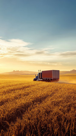 A truck adorned in a warm glow drives through a vast golden wheat field at sunset. The tranquil landscape captures the essence of rural life and nature's beauty during evening hours.の素材