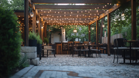 The outdoor patio features rustic farmhouse-style seating and warm string lights. Ideal for gatherings, it creates a cozy atmosphere amidst nature. Perfect for enjoying meals or relaxing evenings.の素材