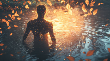 A man stands in calm water, glowing softly as golden leaves drift around him during twilight. The scene evokes a sense of peace and connection with nature.の素材