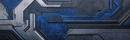 This artwork showcases a futuristic geometric layout with metallic surfaces and complex patterns. Blue and silver elements create a striking visual impact typical of advanced technology.の素材