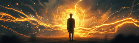 A man stands in a dark setting, illuminated by a radiant burst of glowing energy. The atmosphere is charged with dynamic light and movement, creating a sense of awe.の素材
