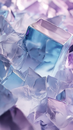 A captivating gradient design blends icy blocks of varying shapes and sizes illuminated by soft, ambient lighting. The cool tones create a serene atmosphere, perfect for a stylish presentation.の素材