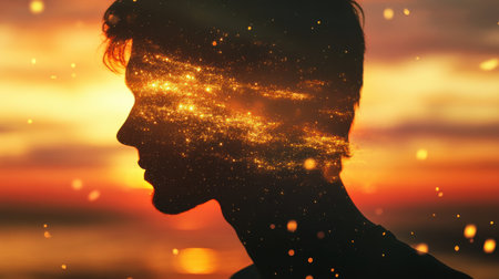 A man stands silhouetted against a stunning sunset, his profile glowing with a radiant energy.の素材