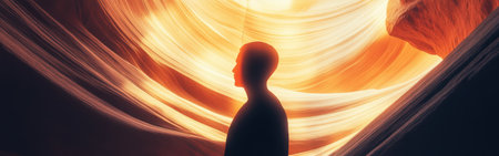 A man silhouetted against a glowing backdrop in a canyon, surrounded by vibrant colors resembling a sunset. The scene conveys a sense of wonder and introspection.の素材