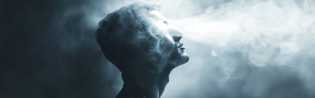 This artwork features a man's profile enveloped in mystical smoke, evoking a sense of introspection and mystery. The ethereal vapor flows from his forehead, creating a dreamlike atmosphere.の素材
