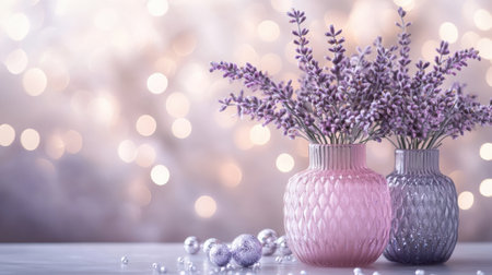Two decorative vases hold dried lavender flowers against a soft lavender gradient background. Shimmering ornaments accentuate the aesthetic, adding elegance to the composition.の素材