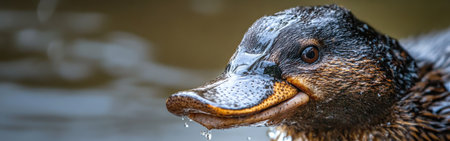 The striking face of a platypus reveals its distinctive bill and expressive eyes, captured in its serene aquatic environment, showing its adaptability and charm.の素材