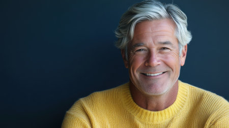 A middle-aged man with silver-streaked hair enjoys a moment of happiness, smiling in a bright yellow sweater. The contrasting dark background enhances his cheerful expression and relaxed demeanor.の素材