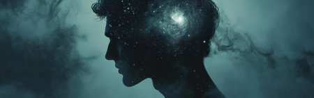 A man's profile is artistically filled with swirling galaxies and stars, evoking a sense of mystery and introspection in a dreamy, atmospheric setting.の素材