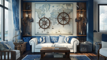 This stylish living room features a nautical theme, highlighted by blue tones and a vintage world map. A cozy atmosphere is created with traditional elements and furniture perfect for relaxation.の素材