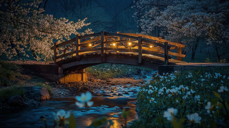 A charming wooden bridge spans a gentle stream, softly lit by decorative lights. Surrounding the area are blooming flowers and trees, creating a tranquil atmosphere during twilight.の素材