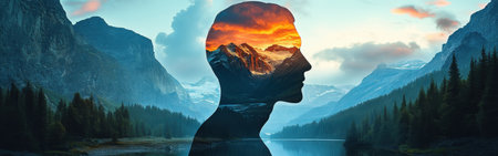 A man's silhouette stands against a backdrop of majestic mountains and a vibrant sunset. The serene lake reflects the surrounding trees and peaks, capturing a moment of tranquility and reflection.の素材