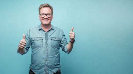 A cheerful man stands confidently, offering a thumbs up while wearing a denim shirt and glasses. The light blue backdrop enhances his friendly demeanor, creating an inviting atmosphere.の素材