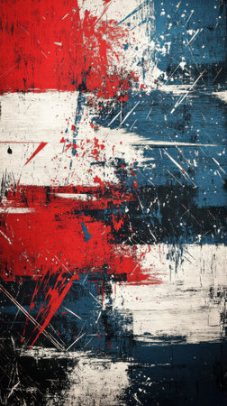 Metallic background features an abstract design highlighted by intense red, white, and blue colors, with identifiable scratches adding texture and depth, creating a striking visual impact.の素材