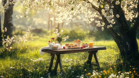 Early morning light filters through blossoming trees, illuminating a rustic wooden table set for a picnic. Fresh fruits, pastries, and drinks are arranged artfully amidst a tranquil green landscape.の素材