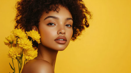 A young woman with curly hair poses gracefully against a soft goldenrod yellow background, holding vibrant yellow flowers.の素材