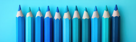 A collection of blue colored pencils arranged in a gradient formation against a vibrant blue background showcases a beautiful array of shades, from deep navy to light turquoise.の素材