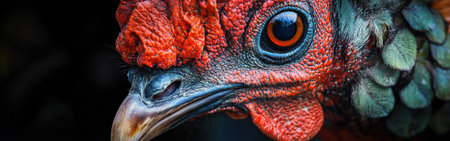 This close-up presents a turkey's face, highlighting the vibrant colors and textures of its skin and feathers under natural light, emphasizing its unique features.の素材